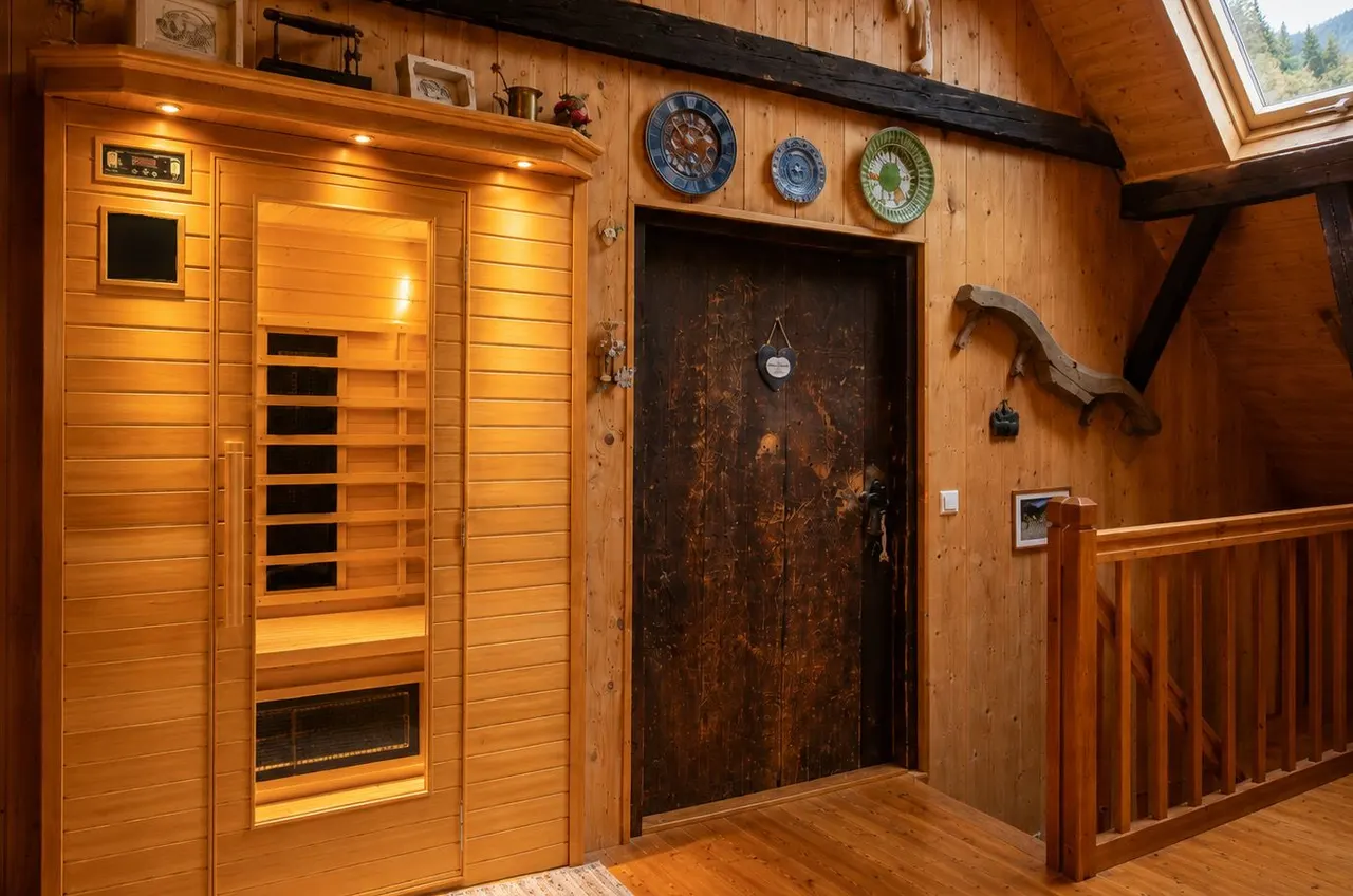 Die beleuchtete IR-Sauna im Obergeschoss der Hütte